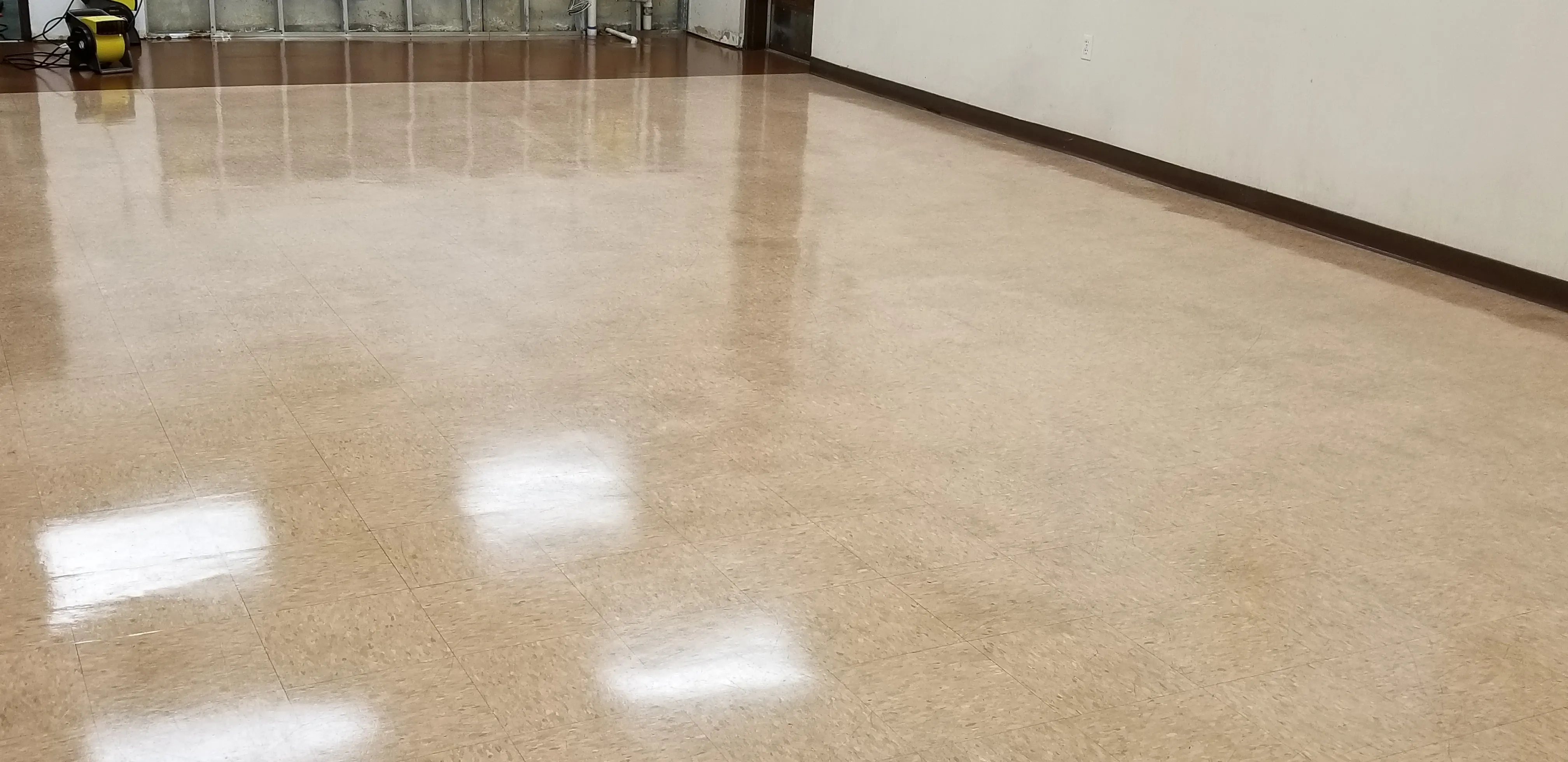 Beige VCT tile flooring after a fresh strip-and-wax application