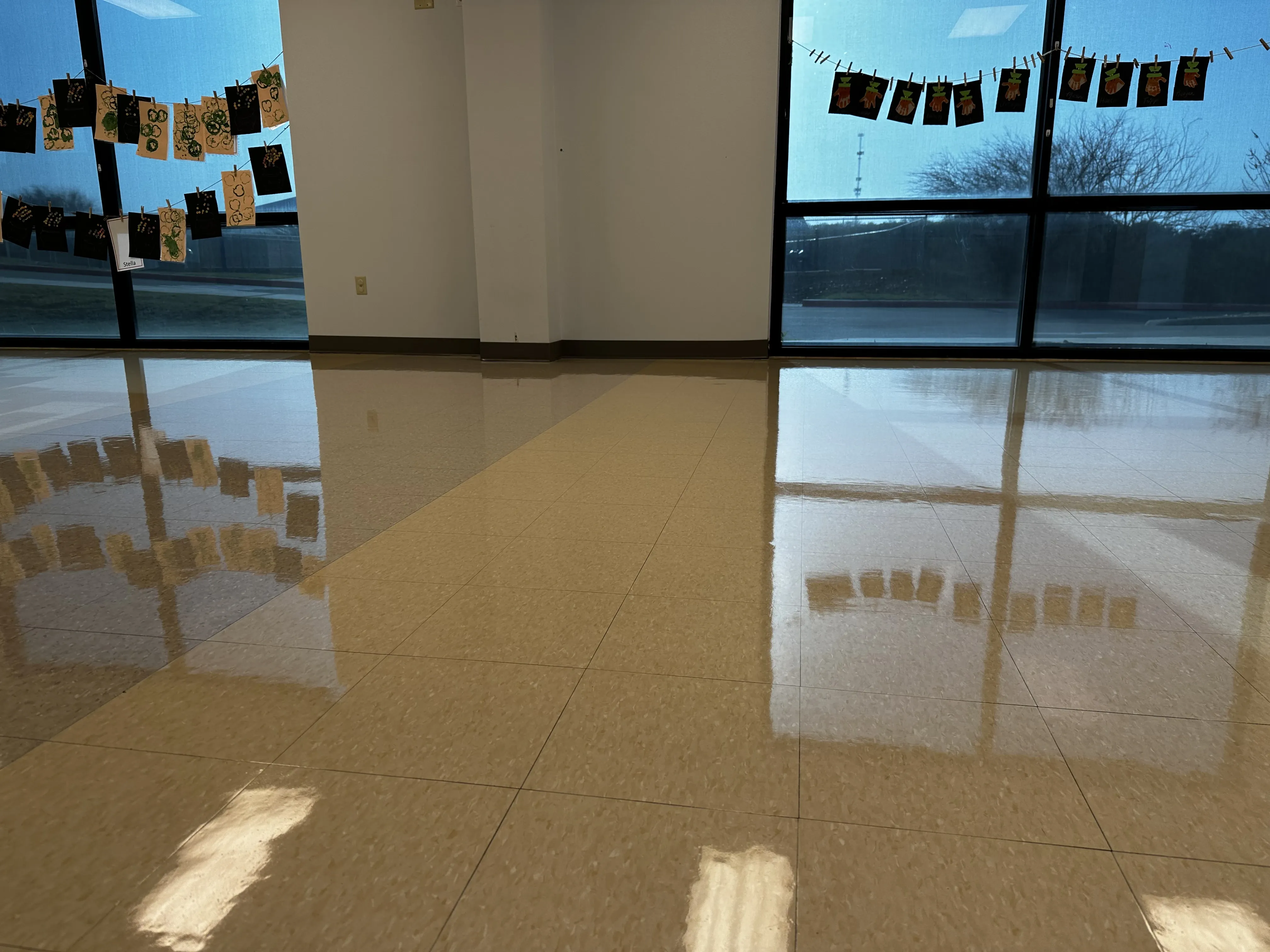 Classroom VCT flooring after a deep scrub and recoat