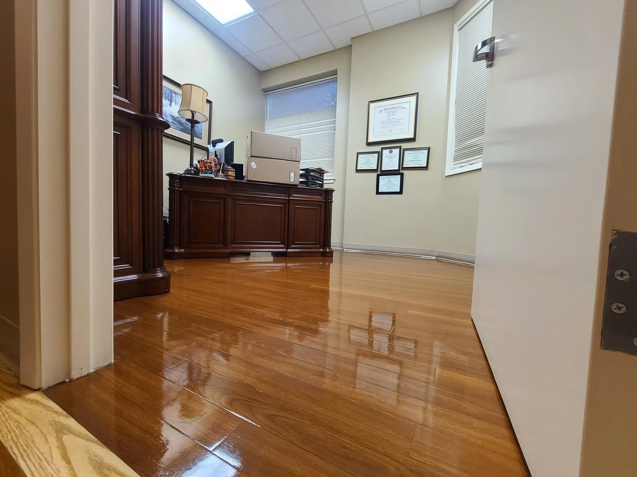 Dentist office VCT flooring after a maintenance top-coat service